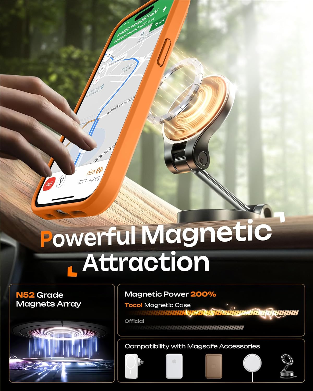 TOCOL Magnetic for iPhone 15 Pro Max Case, Upgraded Full Camera Protection, Compatible with Magsafe, Drop Protection, Translucent Matte Back Phone Cover 6.7 inch（Orange）